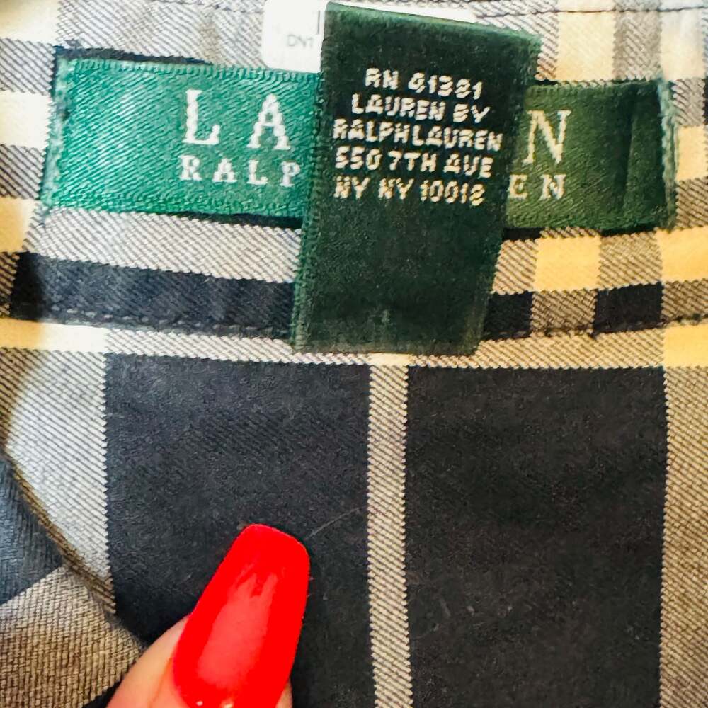 RALPH LAUREN Black and White Plaid Cotton Ruffle Front Button-Up Blouse Size M - Picture 3 of 8